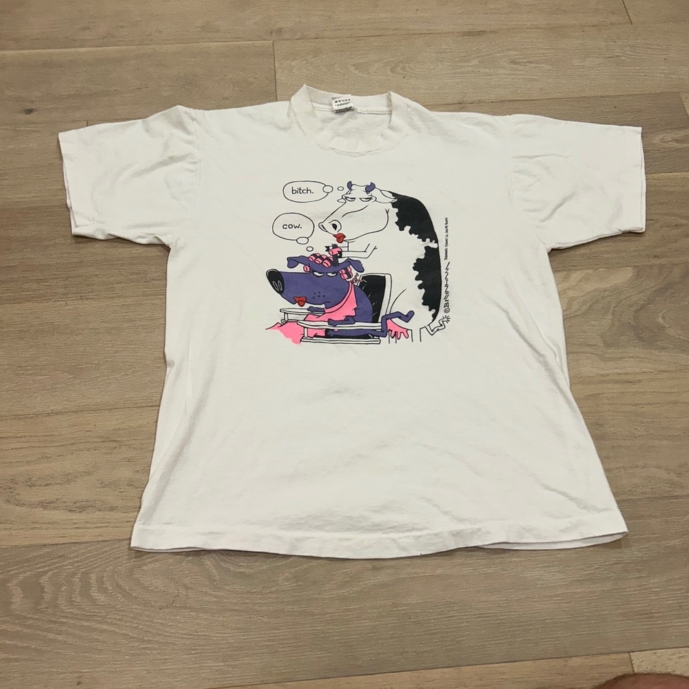 Vintage 90s Funny Offensive Cow Dog Salon Graphic T-Shirt White L USA
